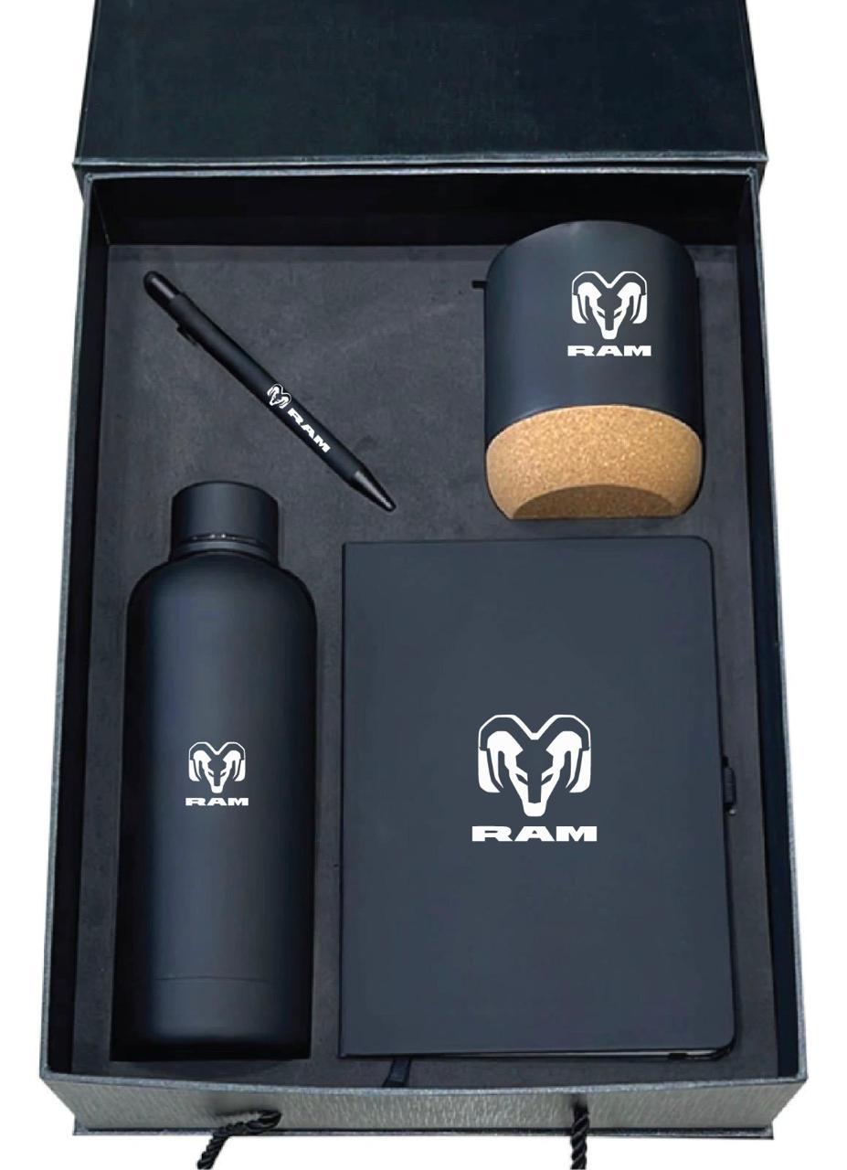 A RAM-branded gift set containing a bottle, notebook, tumbler and pen.
